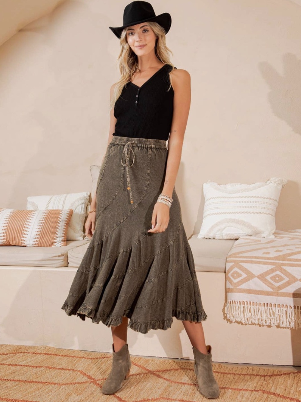 YOUNG THREADS Boho Tiered Midi Skirt - Gravel